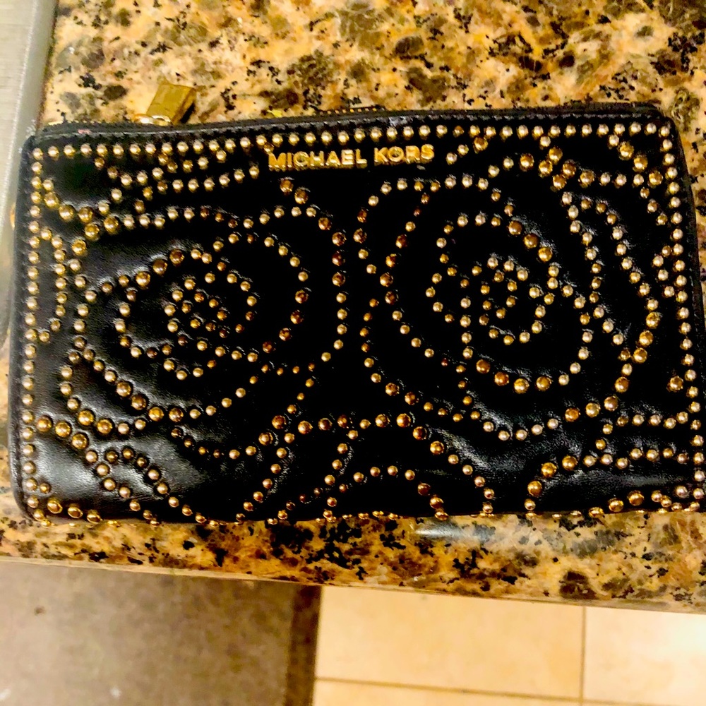 One of a kind black and gold rose studded wristlet